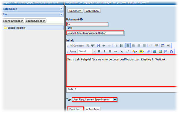 Anforderungsspezifikation in TestLink anlegen