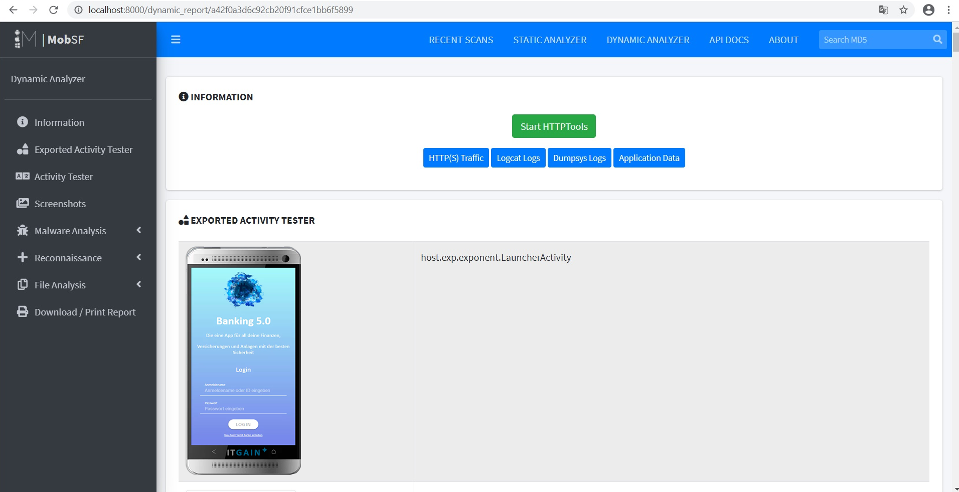 Start des Berichtes der dynamischen Analyse des Banking 5.0 App Prototypen